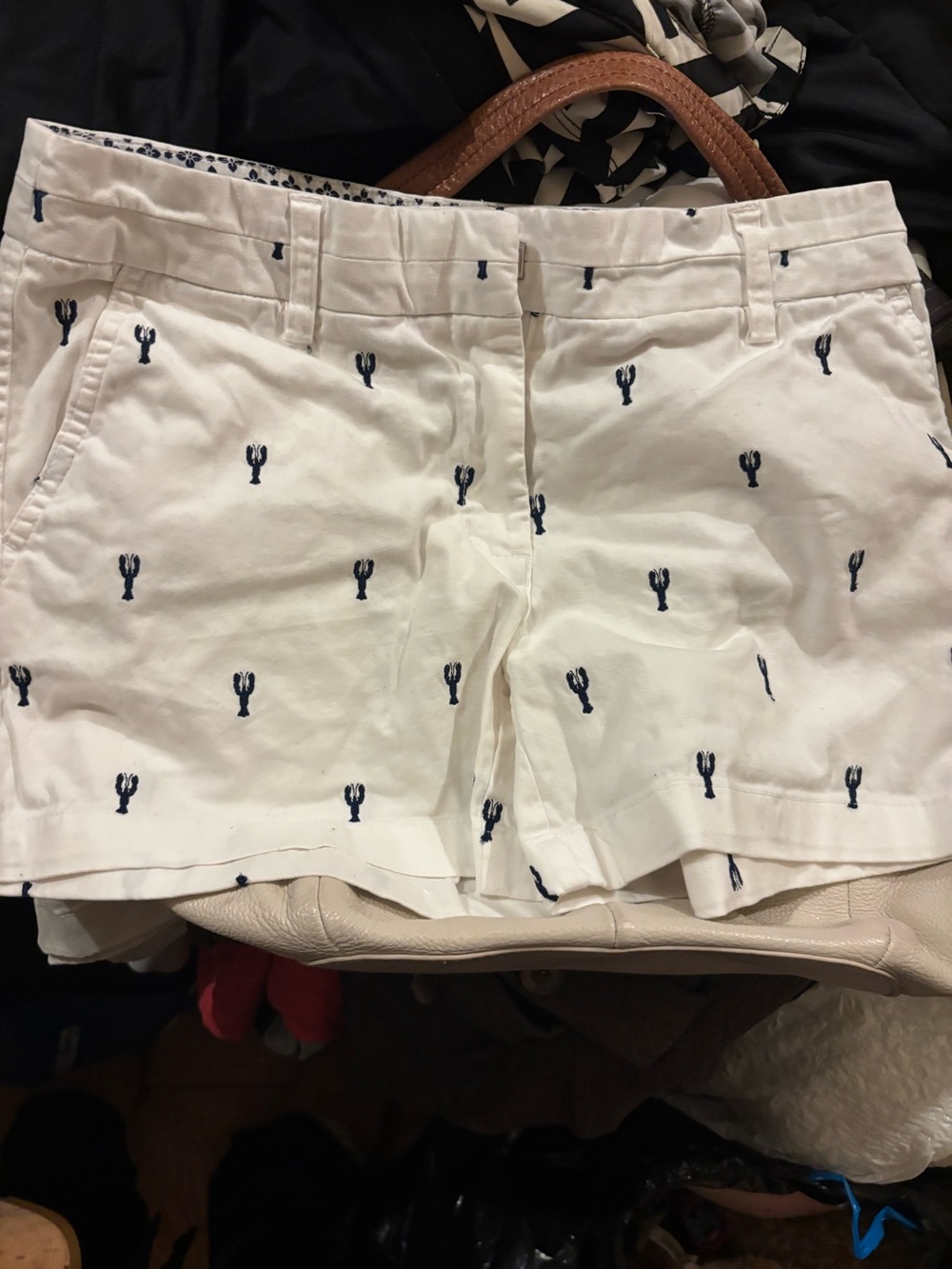 British Khaki White Shorts with Navy Floral Trim and Red Piping